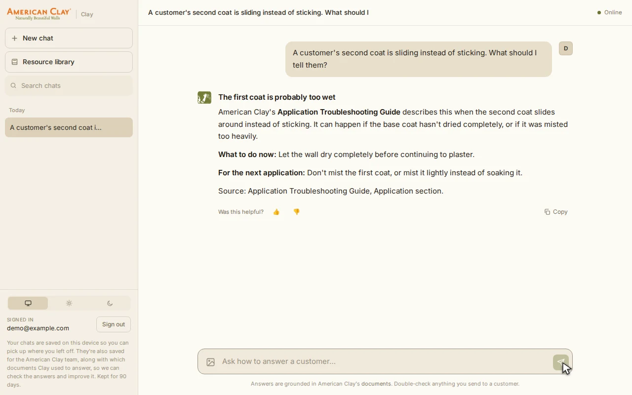 Clay knowledge assistant showing a scripted product guidance demonstration
