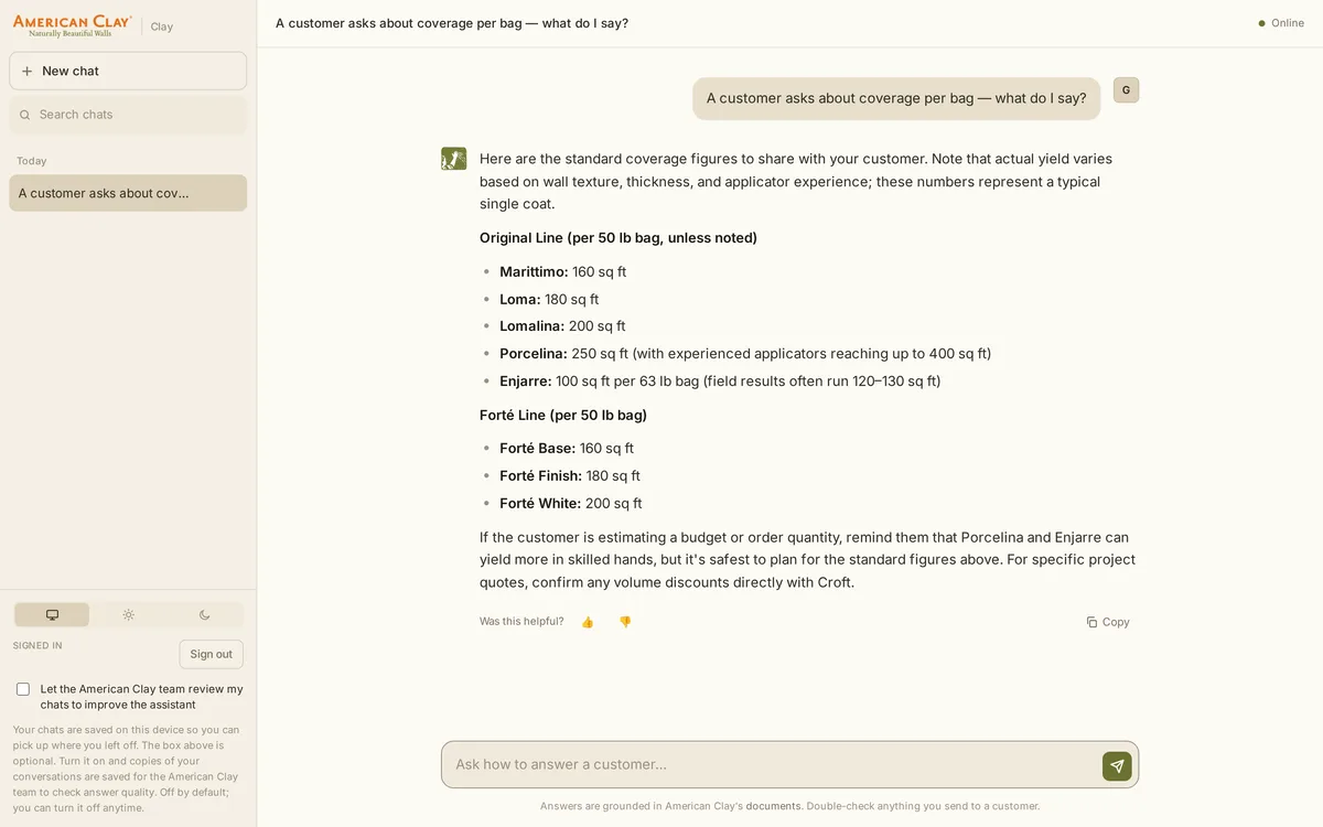 The Clay assistant answering a staff question about product coverage per bag, with per-product figures