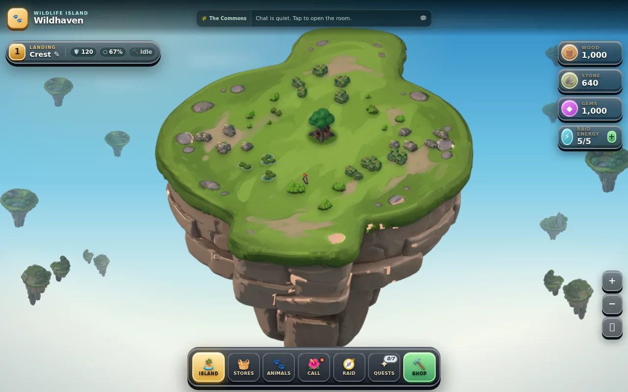 Wildhaven development build showing a floating island with its first animal and buildings