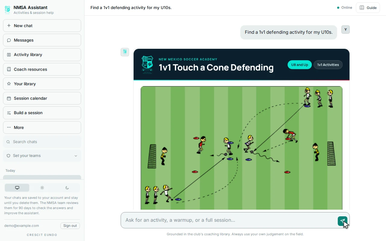NMSA assistant showing a scripted coaching activity demonstration
