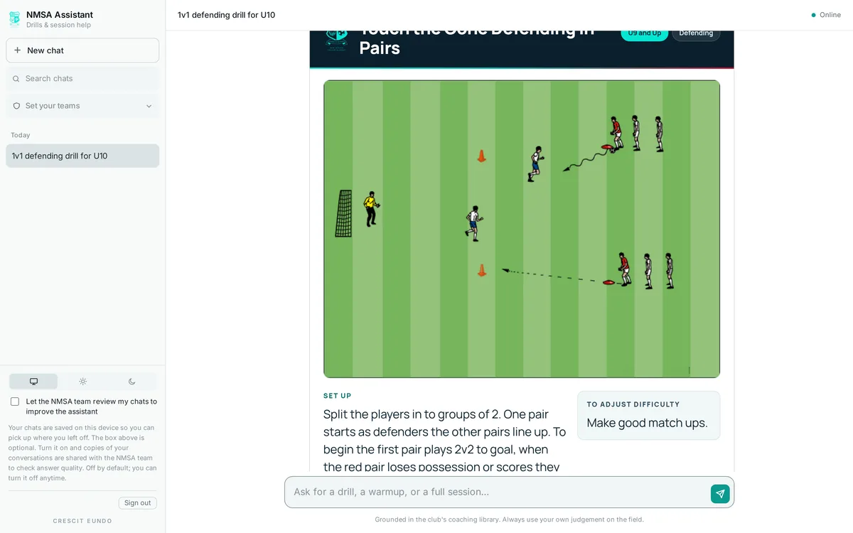 The NMSA assistant showing a defending drill card with a field diagram, setup instructions, and difficulty adjustments