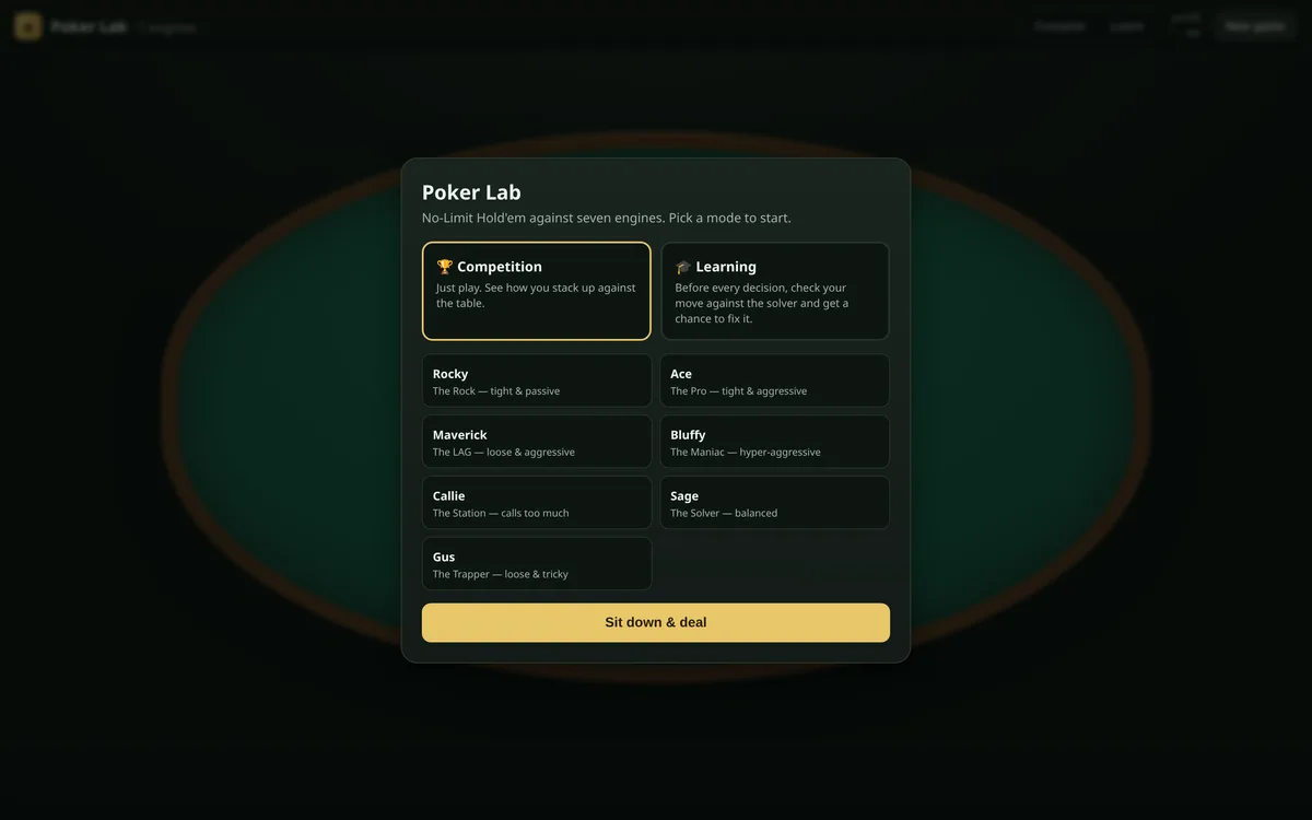 Poker Lab game setup showing seven opponent engines with different play styles