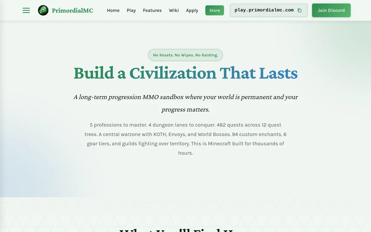 Screenshot of the PrimordialMC website